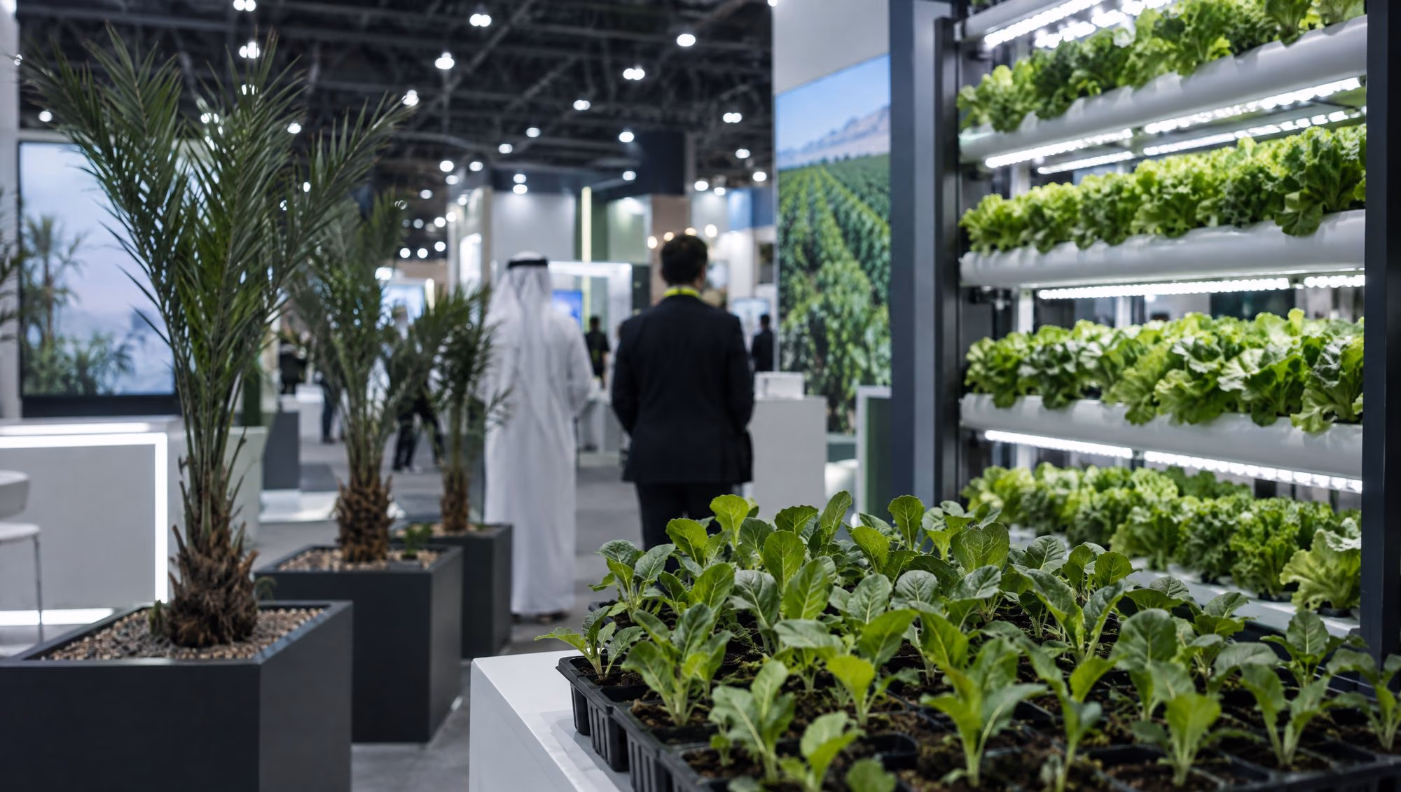 Racks of lettuce under grow lights and young date palms at an agriculture exhibition