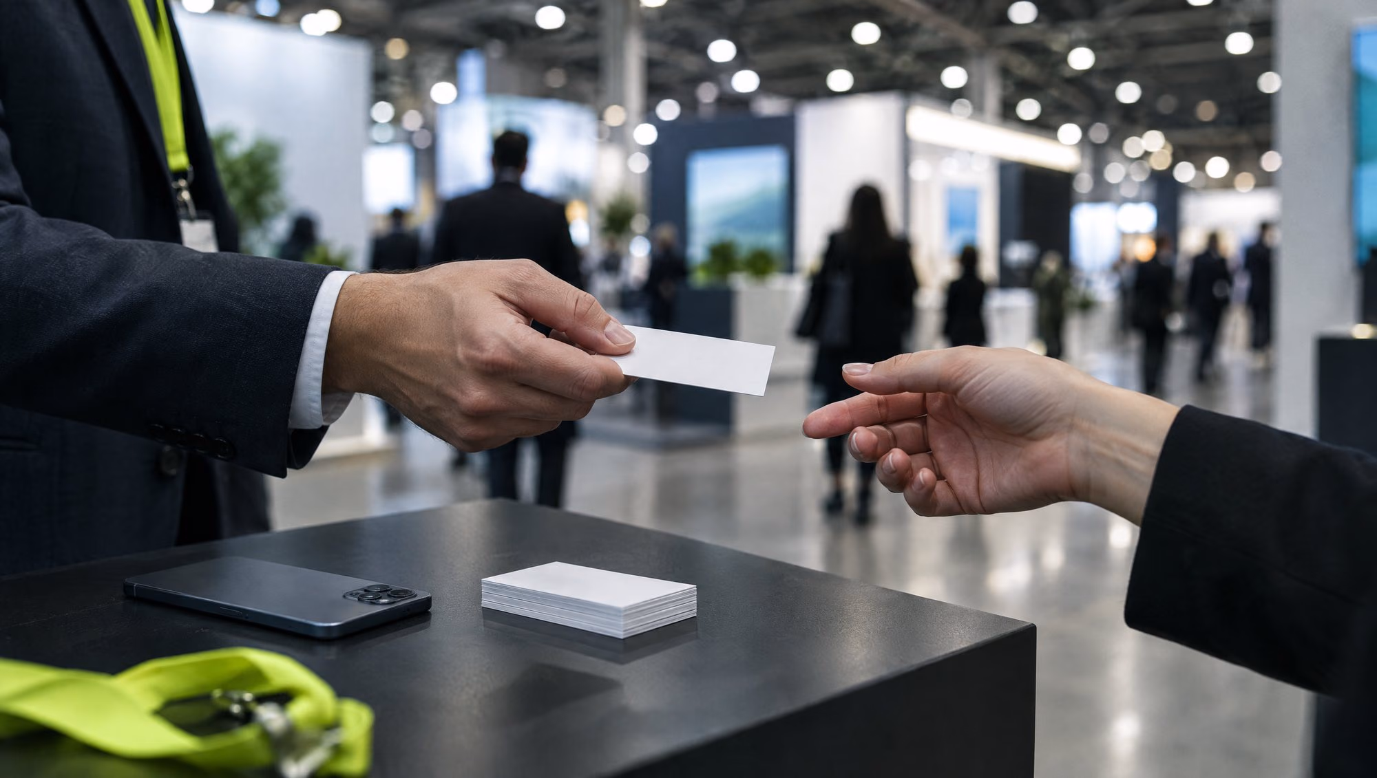 One hand passing a business card to another across an exhibition stand counter, beside a phone and a stack of cards