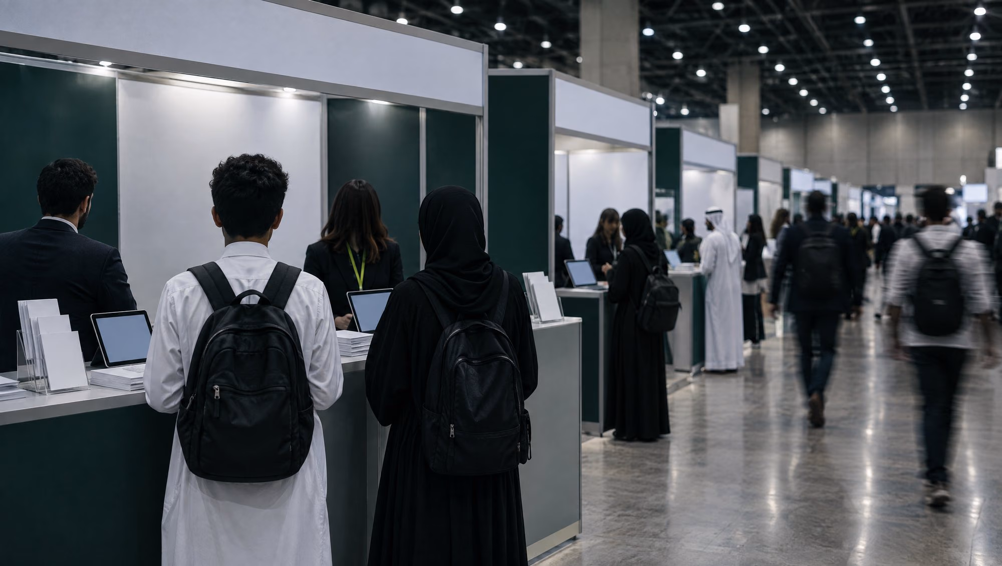 Students with backpacks talking to exhibitors across a counter at an education fair