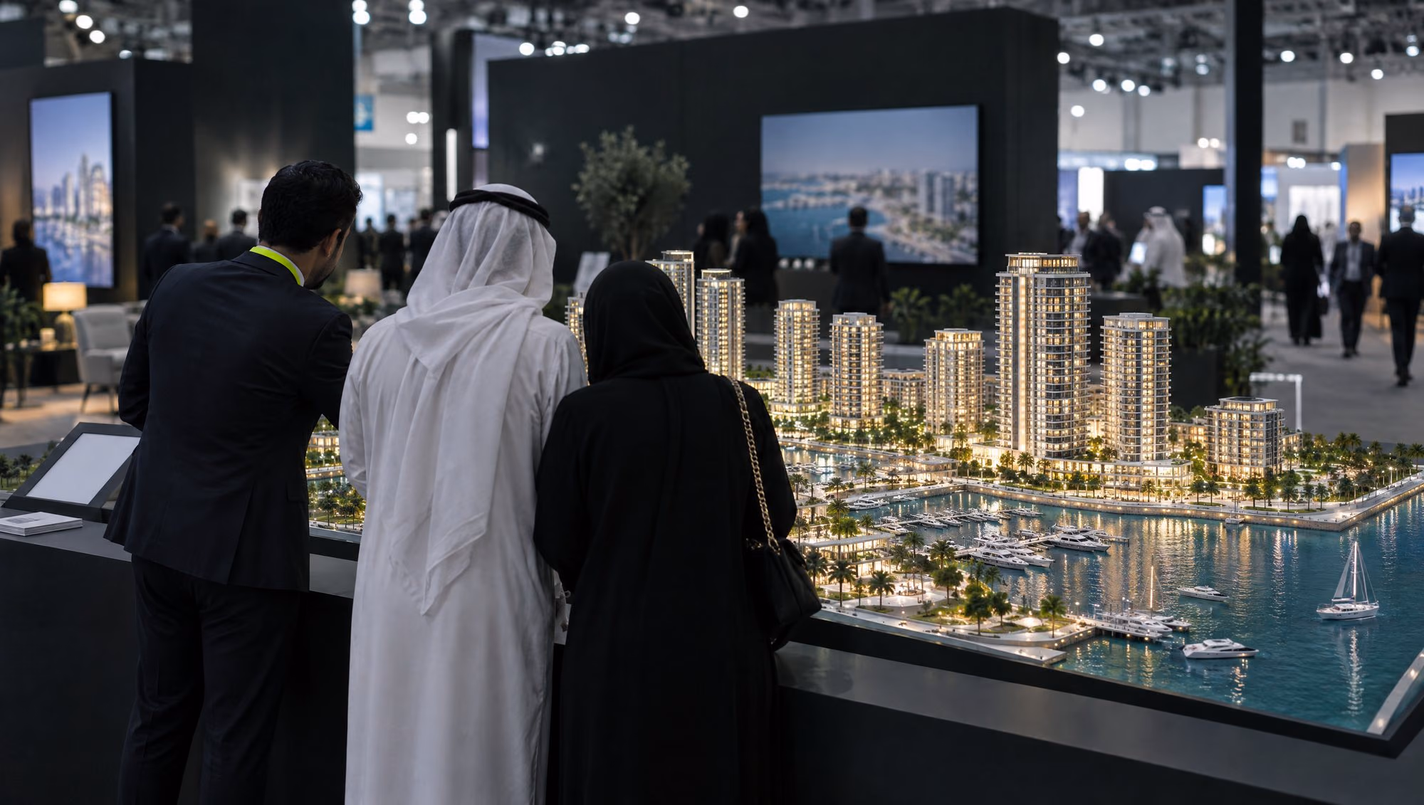 Visitors leaning over an illuminated scale model of a waterfront development at a property show