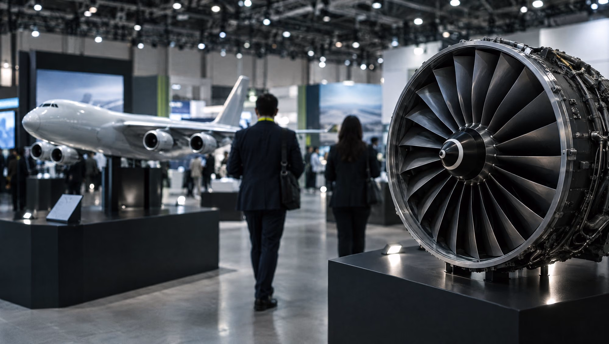 A jet engine fan and a model cargo aircraft on display at an aviation exhibition